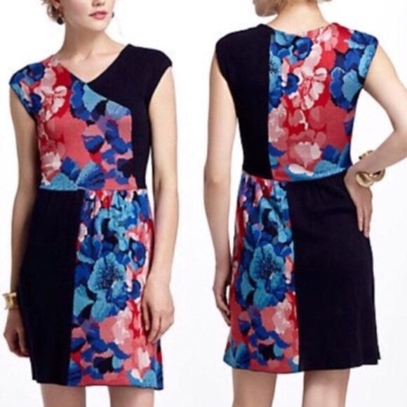 Anthropologie Silk Infused Leifsdottir Faux Wrap Color Block Floral Knit Dress M - Picture 1 of 10